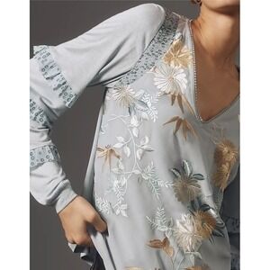 ANTHROPOLOGIE x TINY Frances Long Sleeve Ruffled Flutter Top Blue Motif Sz Small